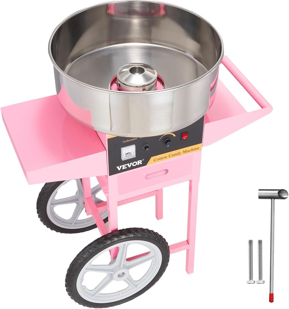 VEVOR Electric Cotton Candy Machine Cart, 1000W Commercial Floss Maker w/Stainless Steel Bowl, Sugar Scoop and Drawer, Perfect for Home, Carnival, Kids Birthday, Family Party, Pink