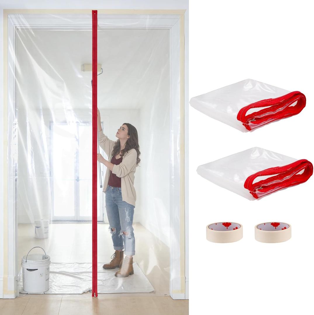 Dust Barrier Plastic Zipper Door, 2-Pack Construction Door Cover with Zipper, 4 ft x 7.2 ft, for Home Remodeling, Painting & Drywall Work, Easy Install & Removal