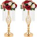 Kehail 2 Pcs Gold Metal Crystal Pendant Flower Stand, 19" Wedding Tall Vase, Metal Hollow for Wedding Banquet Event Anniversary Celebration Decoration