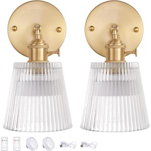 Vintage Battery Operated Wall Sconce with Transparent Stripe Glass Lampshade Rechargeable Battery Powered Wall Light with Remote Control for Bedside Bedroom Doorway, Set of 2