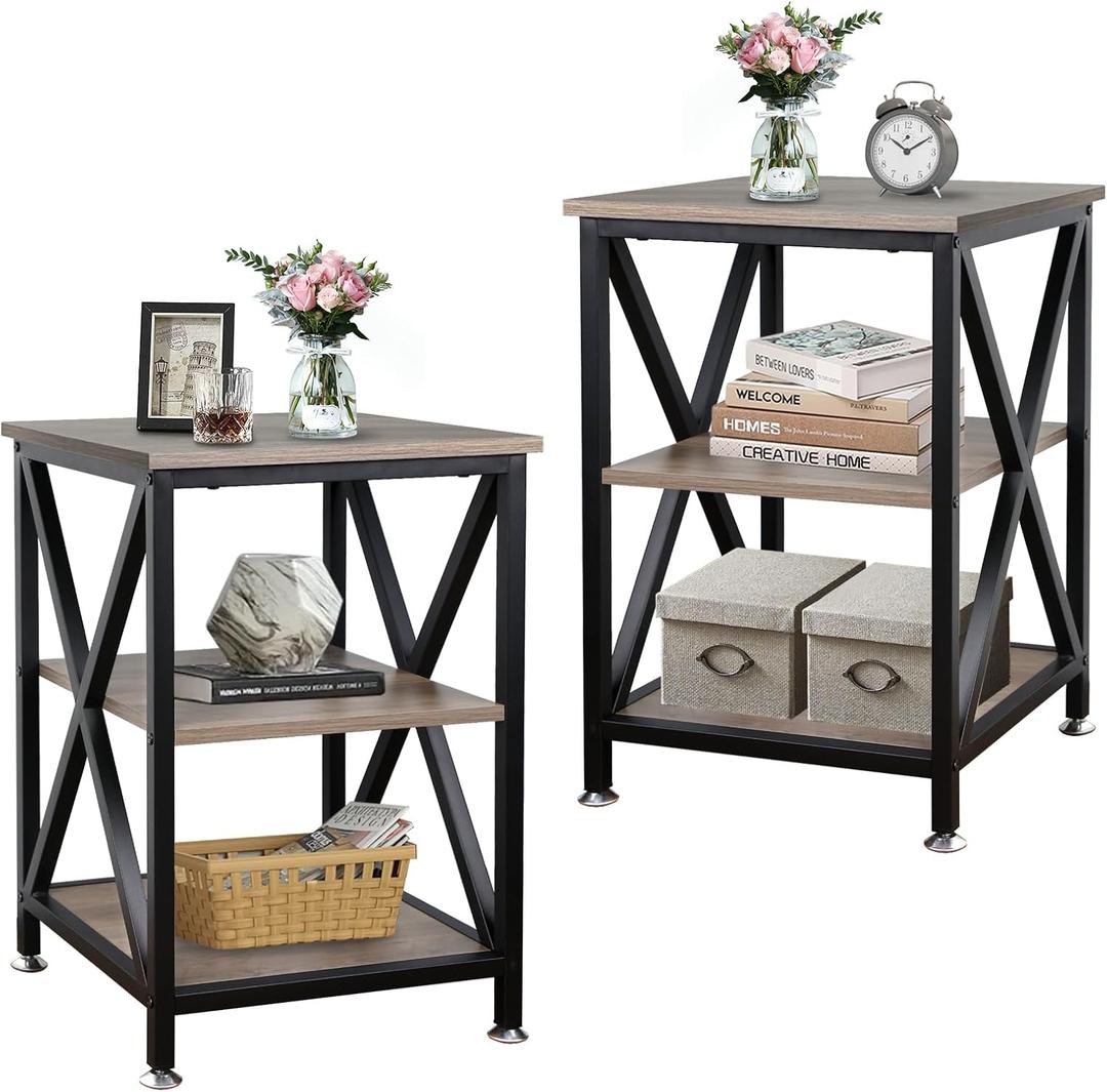 End Tables Living Room Set of 2, 16" D x 16" W x 24" H, Indoor Side Tables Living Room with Storage Shelf, Square End Table Set of 2, X-Shaped Night Stands for Bedroom, Farmhouse Wood End Tables, Grey