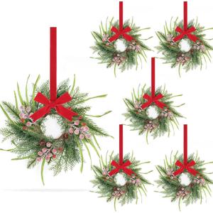 6 Pcs 9 Inch Christmas Wreaths for Kitchen Cabinet Artificial Norfolk Pine Hanging Wreath with Red Berry Pine Needles for Front Door Xmas Snowy Swags Wreaths for Christmas Winter Farmhouse Home Decor