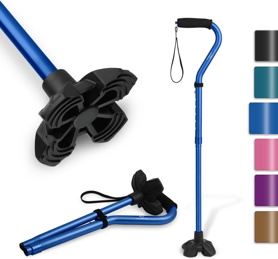 KINGGEAR F1 Walking Stick, Walking Cane for Women & Men, Self Standing Walkers for Seniors with Wrist Strap, Lightweight & Sturdy Offset EVA Handle and Large Quad Base (Dark Blue)