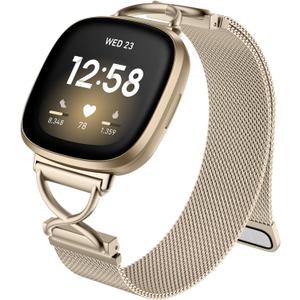 JKD X-Shape Metal Band Compatible with Fitbit Versa 4/Sense 2/Versa 3/Sense Bands Women Men, Stainless Steel Soft Mesh Loop Strap Replacement for Fitbit Sense 2/Versa 3/Sense/Versa 4 Smartwatch (Champagne Gold)
