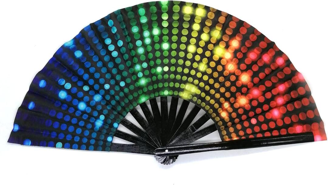 Folding Fan UV Glow Rave Bamboo Hand Fan Carnival Decoration Dancing Party Wedding Night Club Concert Tai Chi Kung Fu Large (Multicoloured-6)