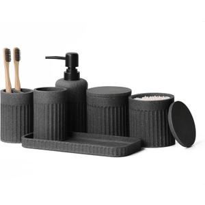 INIUNIK Bathroom Accessory Set - 6 Pieces Bathroom Accessories Set Complete with Soap Dispenser, Toothbrush Holders, Tumbler, Vanity Tray and 2 Qtip Holder for Home Organizer and Decor, Dark Grey