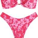 ZAFUL Women's Bandeau Bikini O Ring Strapless Tie Back High Cut Two Piece Swimsuit Bathing Suits (Medium, 5-rose Red Print)