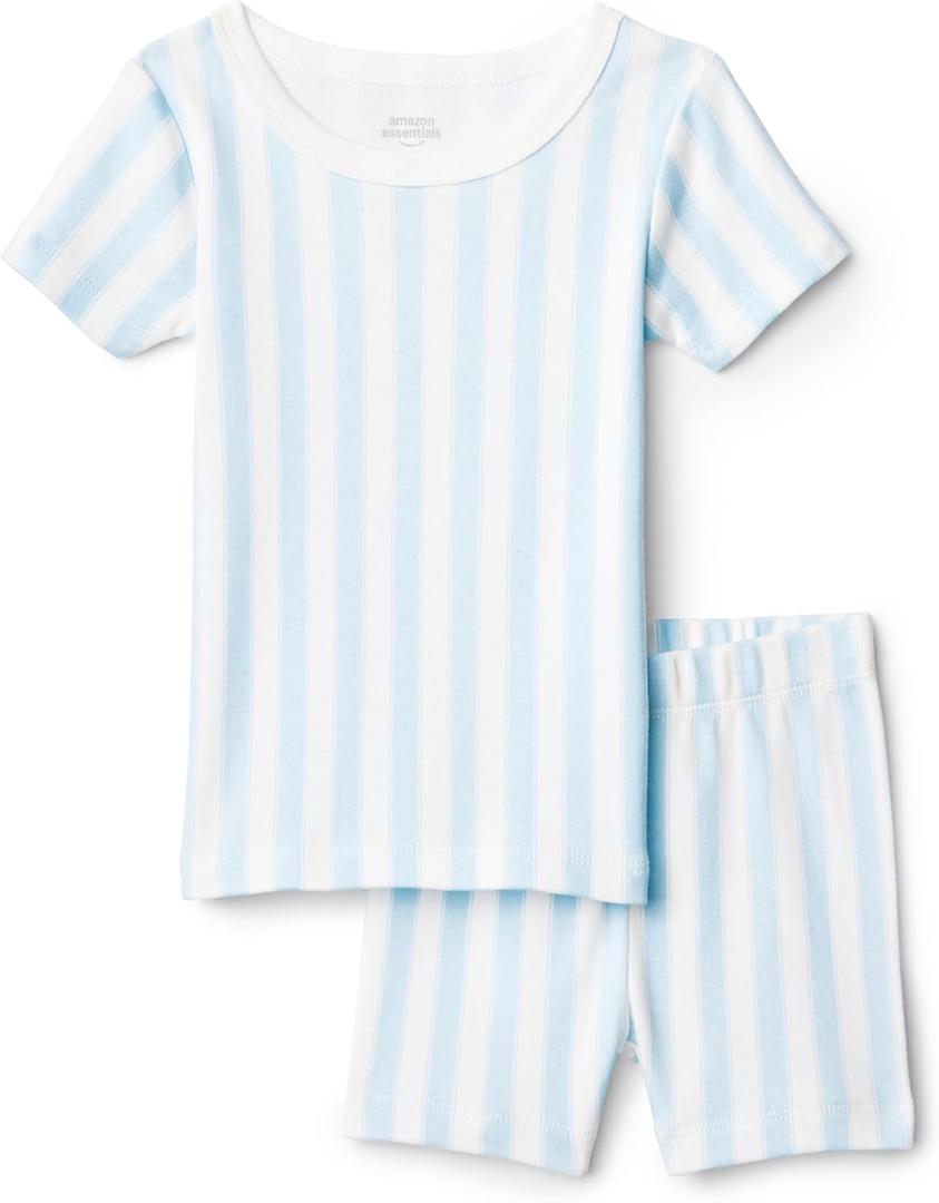 Amazon Essentials x Sofia Grainge Mommy and Me Short Sleeve Pajama Set (3T, Pale Blue Bold Stripe)