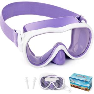 Kids Swim Goggles, Anti-Leak Snork Mask with Nose Cover & Elastic Fabric Strap, UV Protection Swimming Goggles for Kids Boys Girls (Purple)