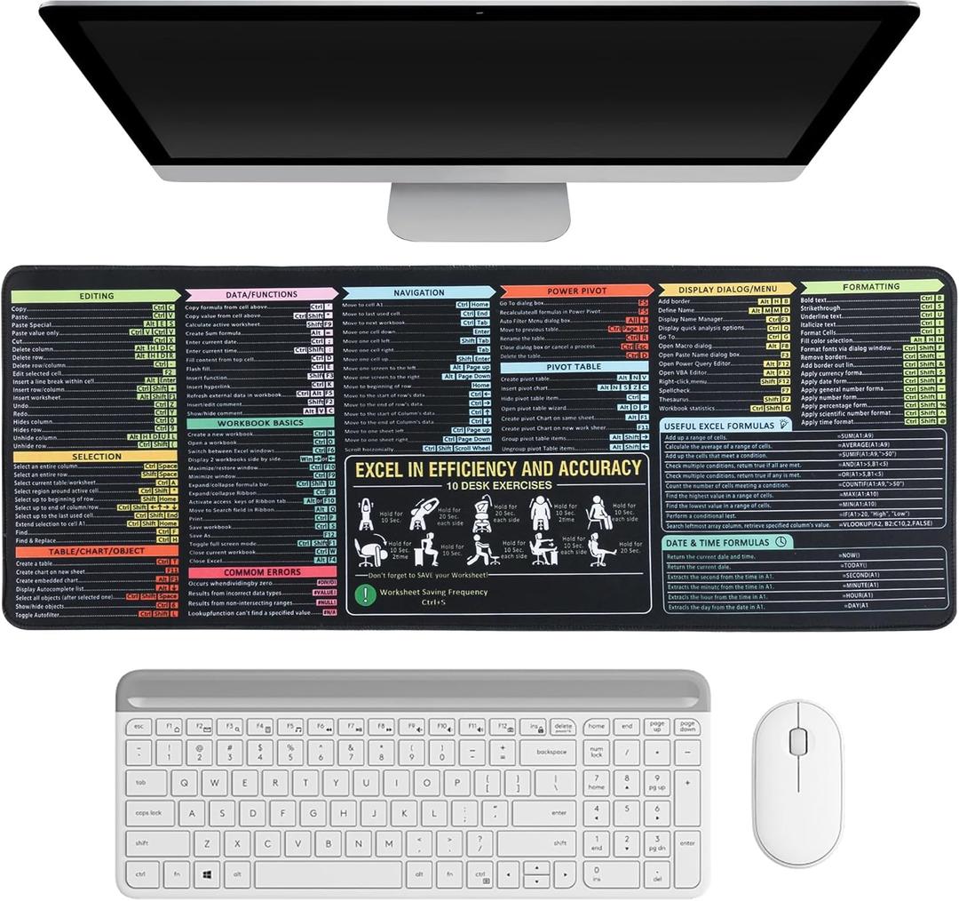 Excel/Word/Power Point/Windows Mouse Pad Set,Non-Slip&Waterproof,Extended Large XL Cheat Sheet Gaming Mousepads for Desk,Stitched Edge Rubber Sole for Home Office(31.5"X 11.8")