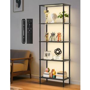 5 Tier Bookshelf with LED Light, Dimmable Bookcase with Touch & Remote Control, 3 Color Temperatures, Tall Modern Display Standing Shelf for Living Room, Bedroom, Home Office (Black)