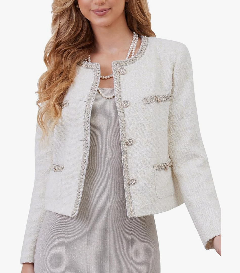 M.Infisavo Tweed Cardigan for Women Button Down Long Sleeve Warm Cropped Jacket Blazers S
