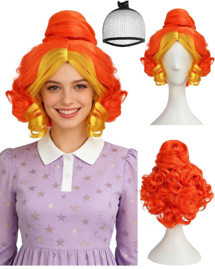 Hair Cap+Red Orange Wig with Bun Short Curly Orange Wig for Women Frizzle Cosplay Wigs Short Layered Wavy Wigs Funny Cosplay Costume for Theme Party Halloween Carnival Christmas