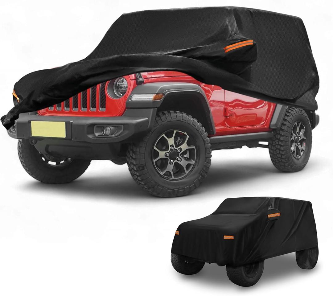 Car Cover Waterproof All Weather Sun Rain Protection Full Exterior Cover for Jeep Wrangler 2DR Black with Left Side Zippers