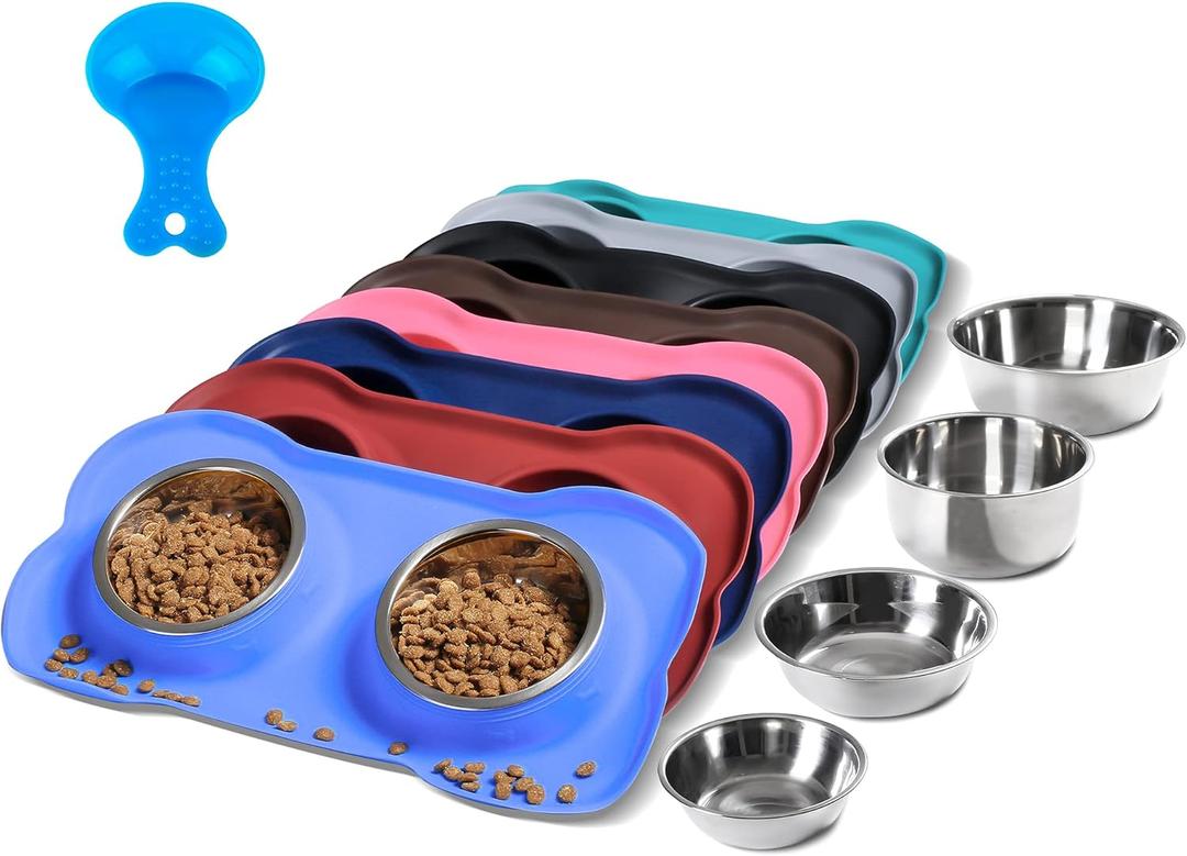 Hubulk Pet Dog Bowls 2 Stainless Steel Dog Bowl with No Spill Non-Skid Silicone Mat + Pet Food Scoop Water and Food Feeder Bowls for Feeding Small Medium Large Dogs Cats Puppies (Medium, Blue)