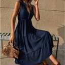 BROVAVE Womens 2025 Summer Sleeveless Shirt Dress Collar Striped V Neck Casual Midi Dresses (Blue, M)