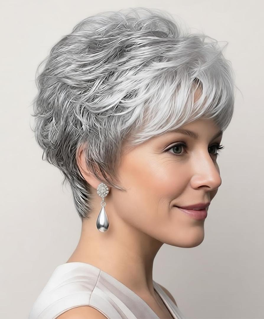 SEVENCOLORS Short Grey Wigs for White Women Pixie Cut Gray Wigs with Bangs Natural Curly Synthetic Hair Short Mixed White Wig for Older Women