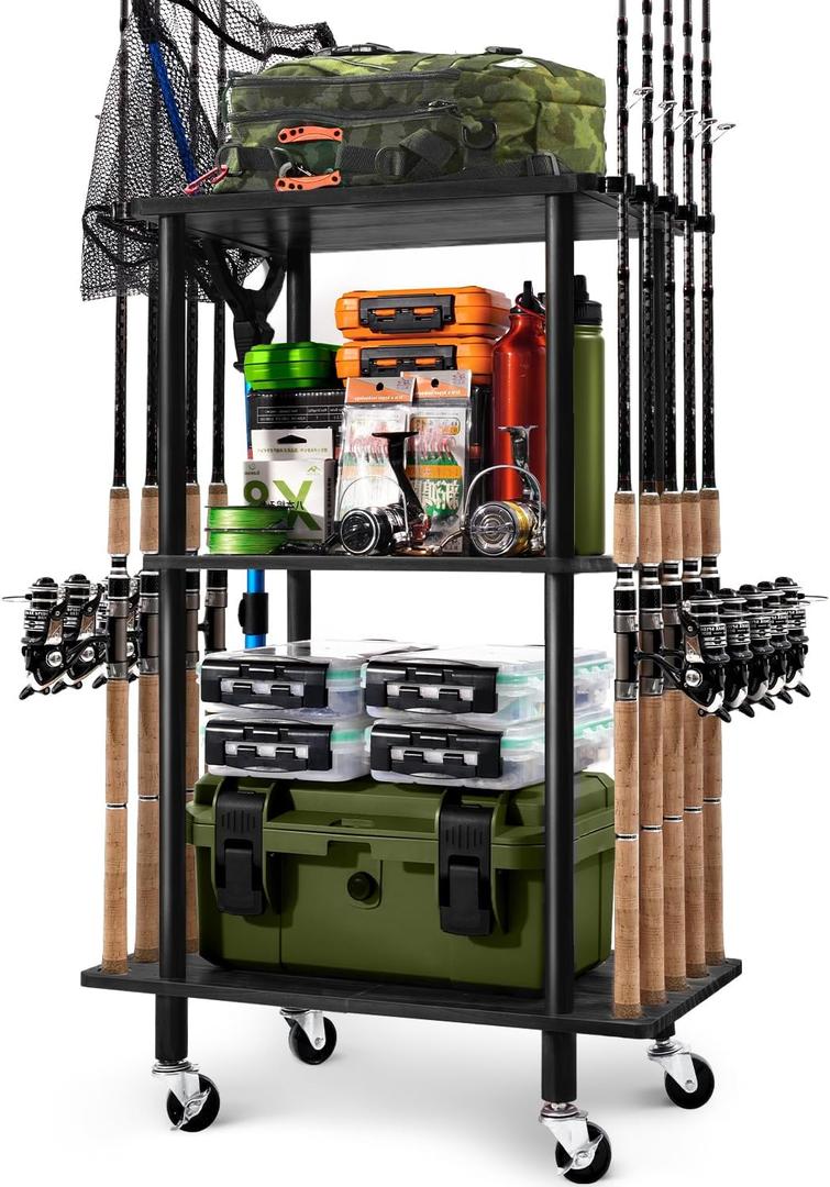 Ghosthorn Fishing Rod Holders for Garage Fishing Pole Rack Hold up to 10 Rods Fishing Pole Holders Wooden Organizer Fishing Rod Rack car Fishing Gear Storage Equipment (Black, 3 Tier)