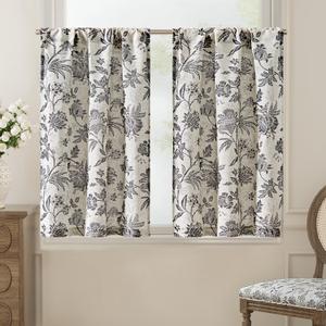 jinchan Floral Linen Tier Curtains 24 Inch Farmhouse Cafe Curtains Rod Pocket Country Flower Drapes for Small Windows for Kitchen Laundry Room Bathroom RV 2 Panels Light Filtering Black (Jacobean | Black on Beige)