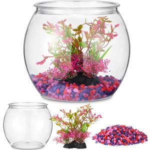 1 Gallon Fish Tank with Artificial Plastic Plants and 1 lb Decorative Gravel, Plastic Small Fish Bowl Clear Round Goldfish Betta Tank for Table Centerpiece Home Decor