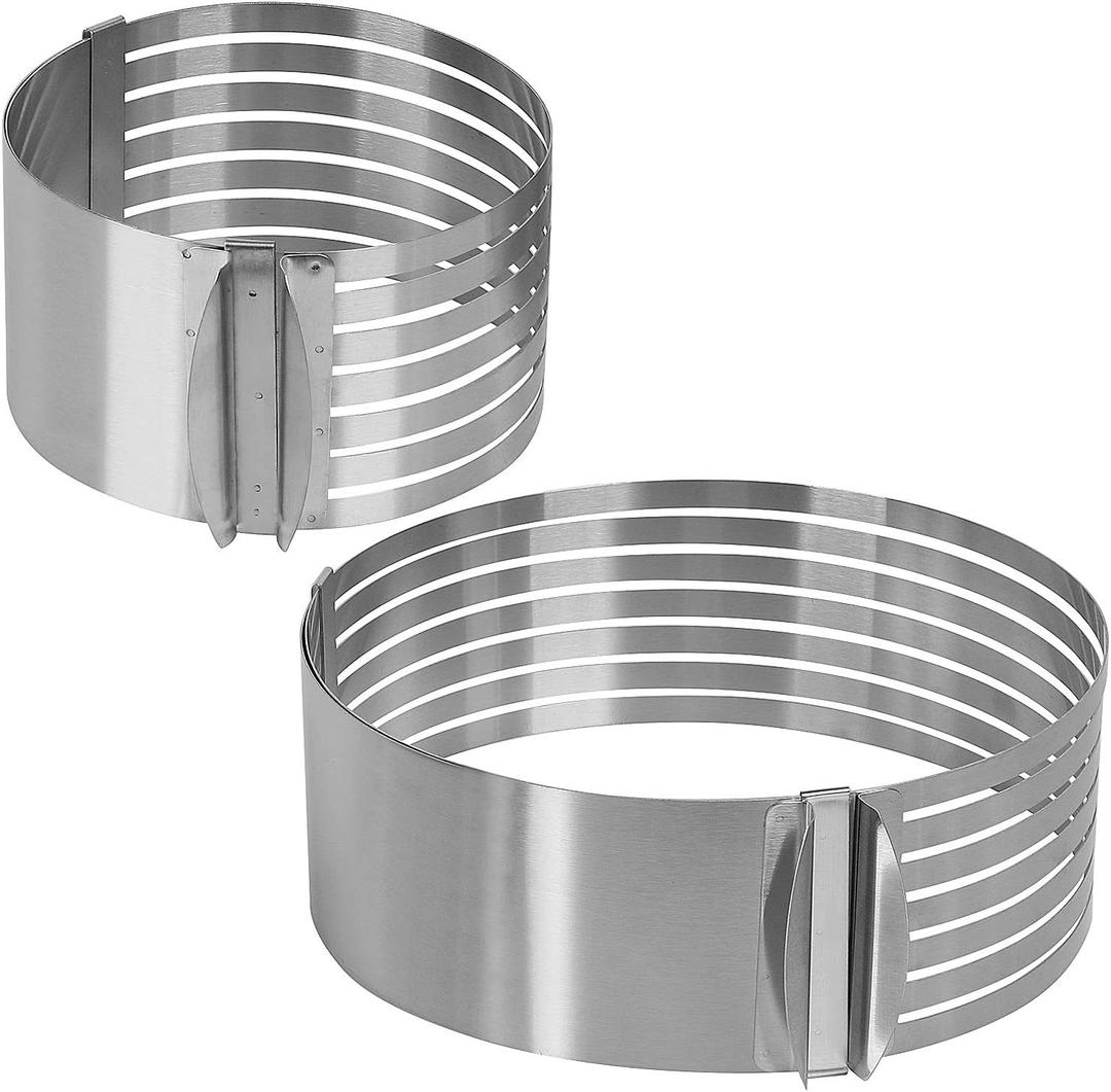 KEILEOHO Layer Cake Slicer Set of 2, Stainless Steel Adjustable 7 Layered Bread Cutter Ring with Respective Diameter of 6-8 Inch and 9-12 Inch, Cake Ring Molds for Baking, Cutting and Slicing Cakes