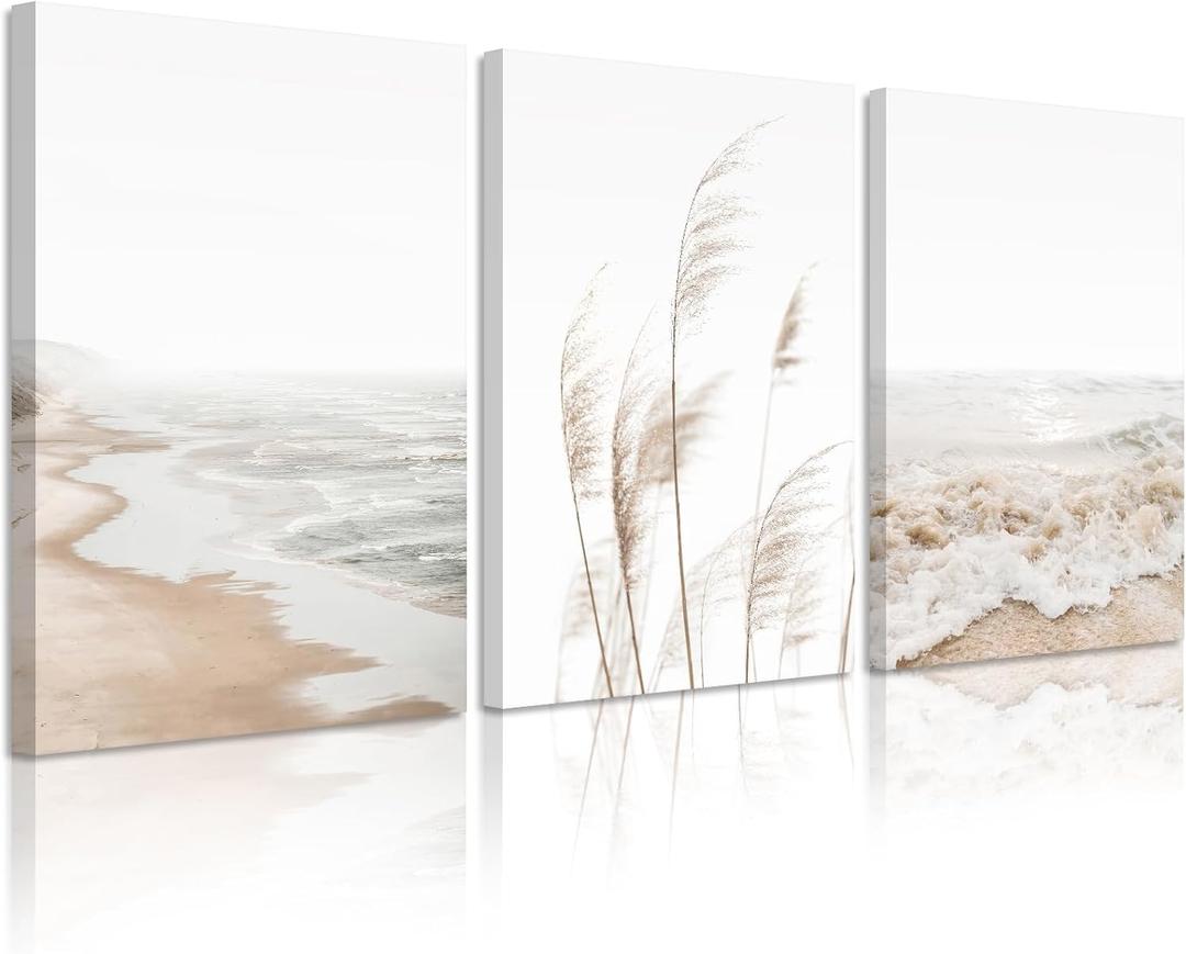Joocrise Beach Wall Art Boho Prints Coastal Canvas Wall Art Beach Pictures Pampas Grass Ocean Poster Plant Landscape Beach Scene Artwork for Living Room Bedroom Decor 12x16x3 Inch Wrapped Canvas