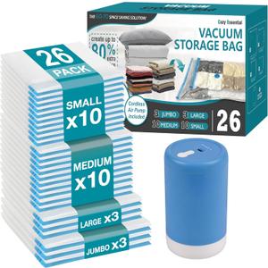 Cozy Essential Travel Vacuum Storage Bags with Rechargeable Cordless USB Pump, Space Saver Bags for Luggage, Suitcase, Carry-On, for Clothes, Blankets, Bedding & Seasonal Storage, 26 Combo