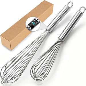 18/10 Stainless Steel Large Whisk Set of 2, 15.5 inch Heavy Duty Long Whisk and 12 inch Whisks, Suitable for Deep Pots or Big Bowl, Mixing, Beating, Blending