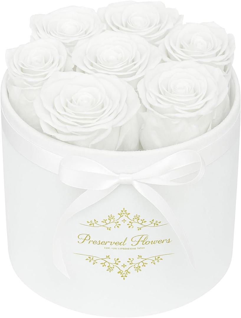 7 Forever Flowers in a Luxury Suede Box, Preserved Roses Birthday Gifts for Women, Romantic Anniversary Wedding Gifts for Women Her Girlfriend Wife, White