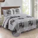 Brilliant Sunshine Grey Toile Floral Patchwork, 3-Piece Quilt Set with 2 Shams, Reversible Bedspread, Soft Lightweight Coverlet, All-Season, Full/Queen, Grey