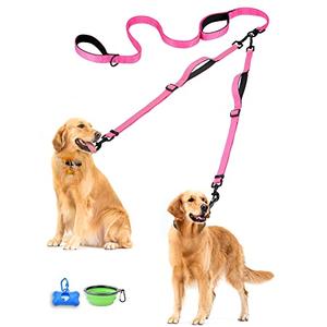 PetBonus Double Dog Leash, No Tangle Dual Leash, Reflective Walking Training Lead, 4 Comfortable Padded Handles for 2 Dogs with Collapsible Bowl and Waste Bags (Pink, Large)