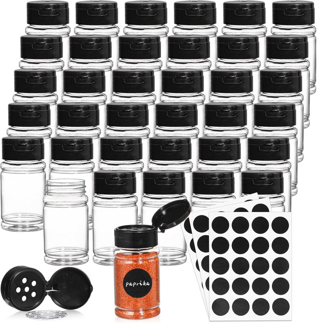 Tosnail 36 Pack 2.7 Oz Small Plastic Spice Bottles with Black Shaker Lids and Labels, Empty Plastic Jars with Lids, Seasoning Shaker Containers for Travel, Camping, Glitter, Gift, Party Favors - Clear