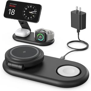 3 in 1 Charging Station for Apple Compatible with MagSafe Charger Stand,Foldable Fast Magnetic Travel Wireless Charger Dock for iPhone 17/16/15/14/13 Series,for Apple Watch,for AirPods (Black)