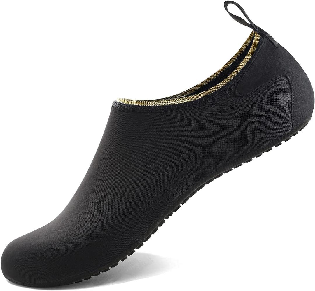 Water Shoes for Women Men Quick-Dry Aqua Socks Swim Beach Barefoot Yoga Exercise Wear Sport Accessories Pool Camping Must Haves Adult Youth Size (8.5-9.5 Women/7.5-8.5 Men, Black Gold-w010)