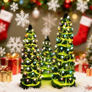Set of 3 Retro Hand-Painted Tabletop Christmas Trees - 8", 10", 12" LED Lighted Decor, Battery Powered Vintage Mini Trees for Mantel, Shelf, Desktop Holiday Decor