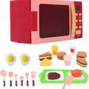 Toy Microwave Oven Playset with Light and Sound, Toy Kitchen Appliances for Kids, Play Kitchen Accessories and Toy Food for Toddlers 3 Year Old Up Girls Boys, Red