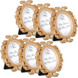Vicenpal 6 Pieces Mini Gold Picture Frames 3.2 x 4 Inch Vintage Small Antique Resin Baroque Picture Frames Bulk Oval Hanging Display for DIY Jewelry Gifts Christmas Wedding Decor (Gold)