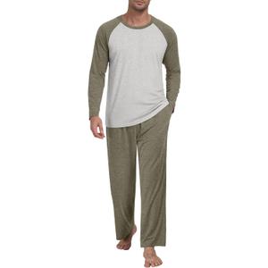 Men's Pajamas Set Sleepwear Pjs Lightweight Long Sleeve Pjs Soft Comfy Sleep Sets with Pockets (Medium, Khaki-Light Gray)