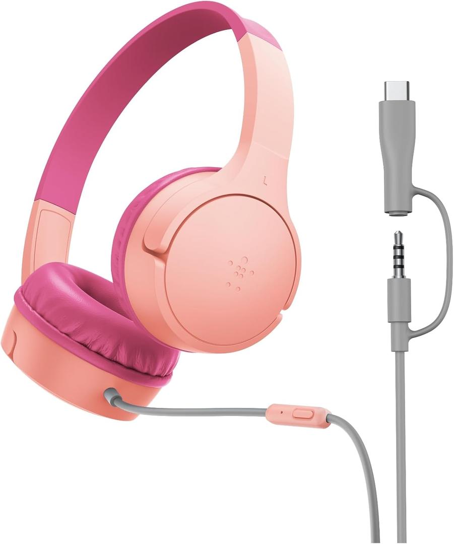 Belkin SoundForm Mini Kids Wired Headphones w/USB C to 3.5mm Dongle, Built-in Mic & Fun Stickers, 85dB Max Volume for Online Learning, Travel, Compatible w/iPhone 16, iPad, Galaxy S25, etc - Pink