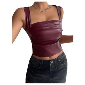 SOLY HUX Women's PU Leather Square Neck Tank Tops Sleeveless Slim Fitted Party Club Crop Top Pure Burgundy Medium