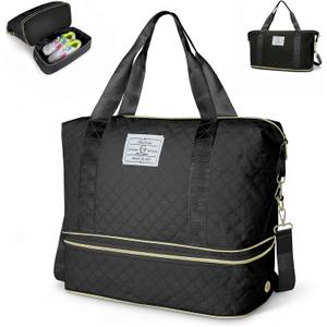 Geestock Weekender Bag with Shoe Compartment for Women, Expandable Overnight Duffle Bag, Carry On Personal Item Bag for Travel, Gym, Hospital, Included Storage Pouch & Adjustable Straps, Black
