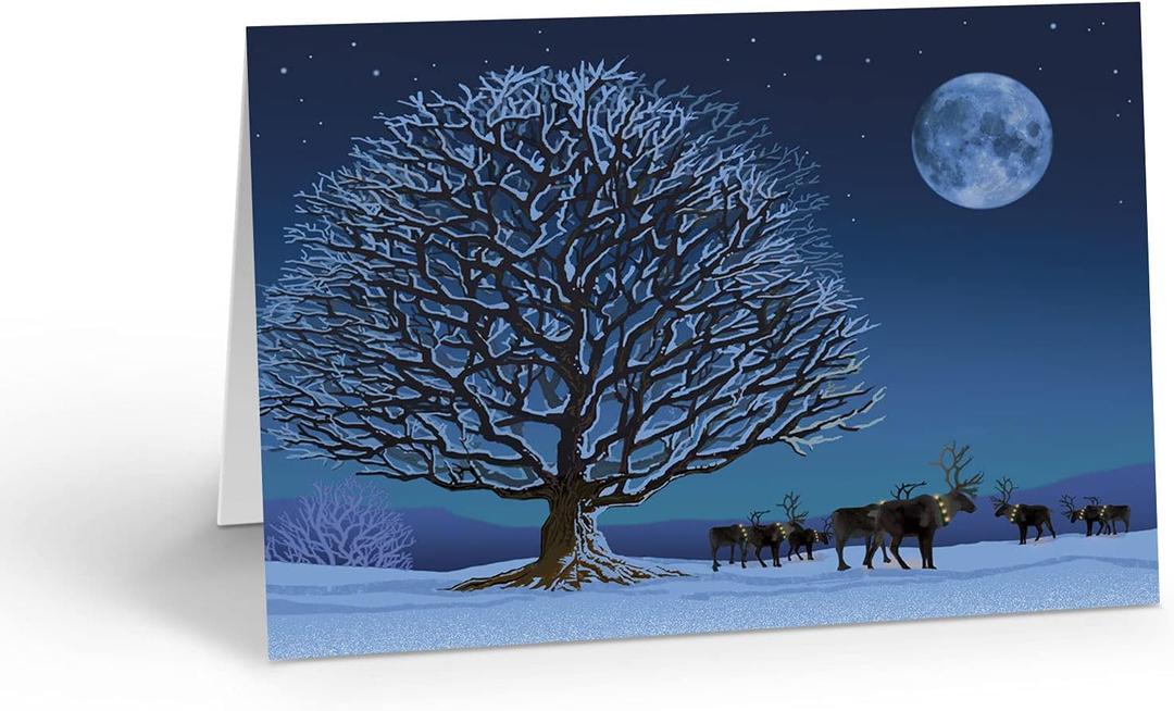 Stonehouse Collection Reindeer Under Moonlight Christmas Card - 18 Boxed Holiday Cards & Envelopes - Winter Night 