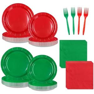 Greencian 96 Pcs Red and Green Party Decorations Graduation Red and Green Paper Plates and Napkins Disposable Tableware Set for Congrats Grad Holiday Birthday Party Supplies Serves 24