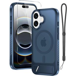 for iPhone 16 Case with Screen Protector+Lanyard Wrist Strap,Magnetic Translucent Matte Rugged Slim Phone Cover Built in Invisible Kickstand [Fit for MagSafe],Navy Blue