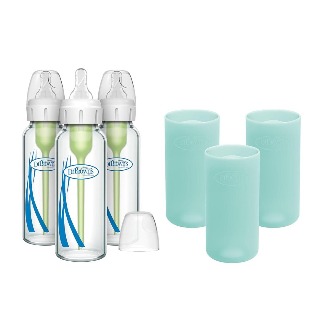Dr. Brown's Anti-Colic Options+ Narrow Glass Baby Bottles 8 oz/250 mL, with Level 1 Slow Flow Nipple, 3 Pack 0m+ with Mint 100% Silicone Sleeves, BPA-Free