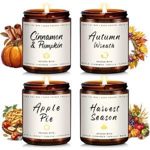 Auelife Fall Candle Set | 4 Pack Scented Candles for Home - Candle Gifts for Women Men, Soy Candles Home Scented | Autumn Fragrance of - Apple Pie/Cinnamon/Harvest/Wreath