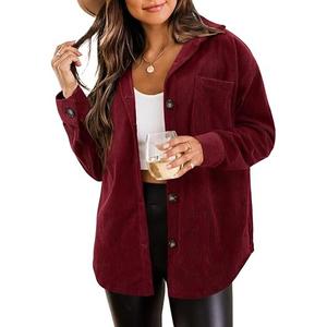 ZOLUCKY Womens Long Sleeve Shacket Casual Corduroy Button Down Shirts Solid Color Shacket Blouse Tops, Wine Red 3XL