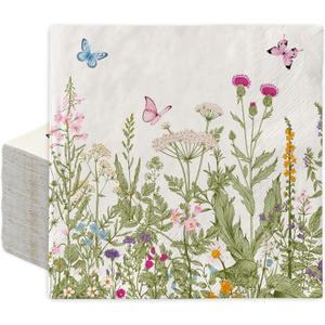 50Pcs Spring Wild Floral Paper Napkins Green Wildflower Butterfly Disposable Luncheon Napkins Vintage Decorative Dinner Napkin for Bathroom Wedding Birthday Party Baby Shower