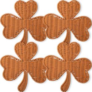 Set of 4 Rattan Woven St. Patrick's Day Shamrock Shaped Placemats Natural Shamrock Wicker Place Mats Washable Rustic Braided Table Mats for St. Patrick's Day Dining Table Spring Decoration