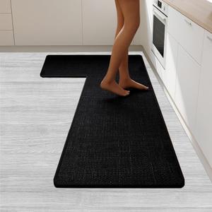 Anti-Slip Corner Kitchen Rug, 1 Piece L-Shaped Floor Mats,Super Absorption Linen Angle Corner Mat for Home,Kitchen (Black Right-L, 39''X47''X18'')
